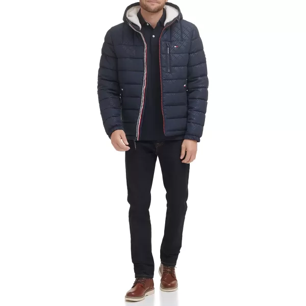 Tommy Hilfiger Mens Midweight Sherpa Lined Hooded Water Resistant Puffer JacketTommy Logo Tech Navy