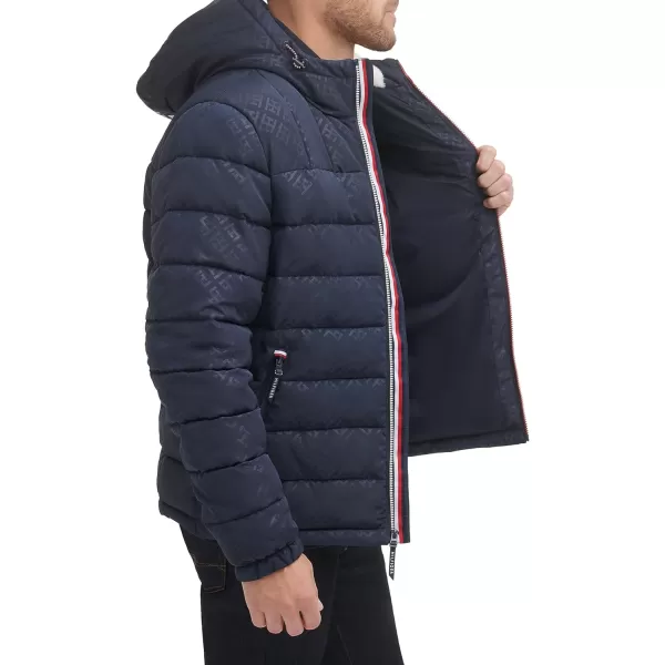 Tommy Hilfiger Mens Midweight Sherpa Lined Hooded Water Resistant Puffer JacketTommy Logo Tech Navy