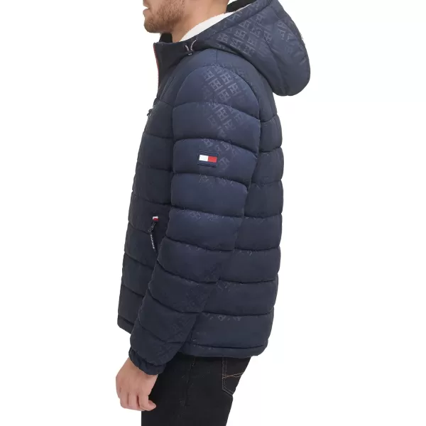 Tommy Hilfiger Mens Midweight Sherpa Lined Hooded Water Resistant Puffer JacketTommy Logo Tech Navy