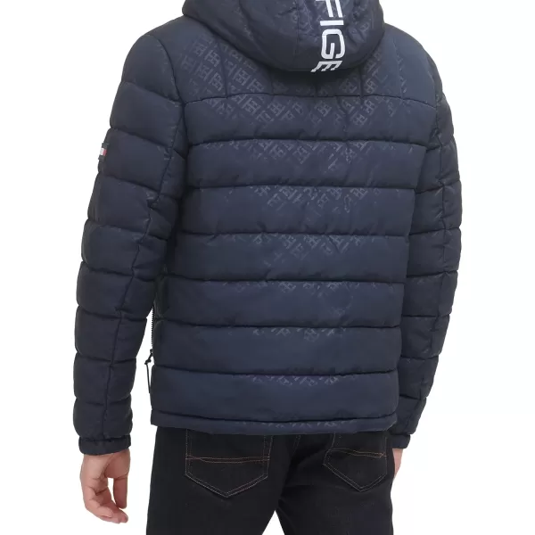 Tommy Hilfiger Mens Midweight Sherpa Lined Hooded Water Resistant Puffer JacketTommy Logo Tech Navy