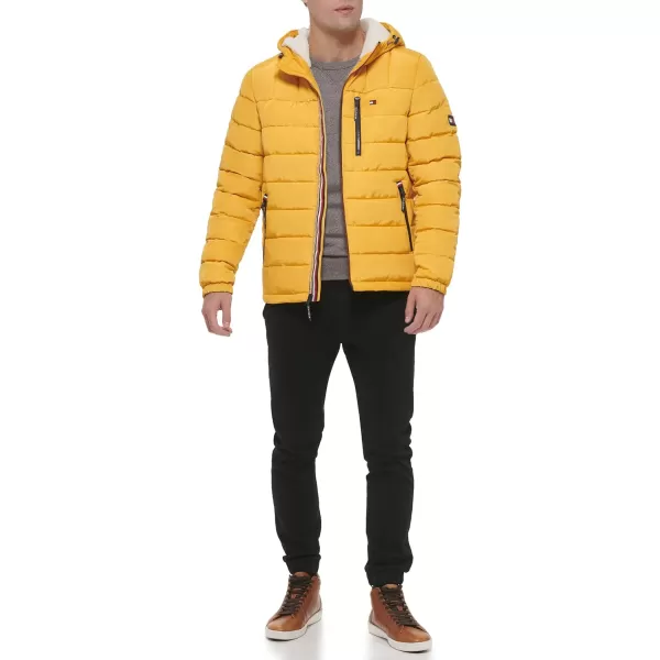 Tommy Hilfiger Mens Midweight Sherpa Lined Hooded Water Resistant Puffer JacketYellow Tech