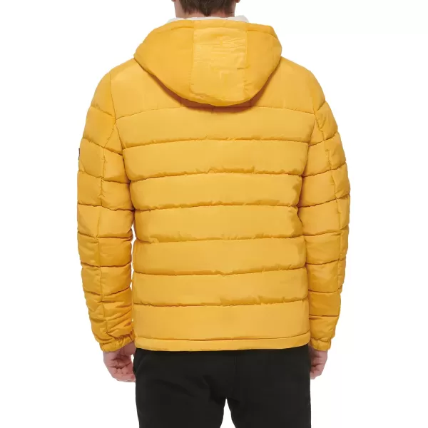 Tommy Hilfiger Mens Midweight Sherpa Lined Hooded Water Resistant Puffer JacketYellow Tech