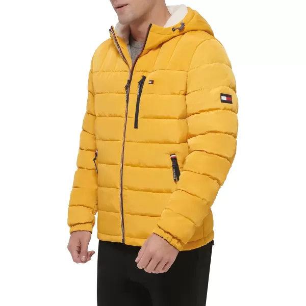 Tommy Hilfiger Mens Midweight Sherpa Lined Hooded Water Resistant Puffer JacketYellow Tech