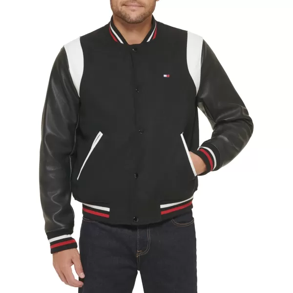 Tommy Hilfiger Mens Mixed Media Varsity Bomber JacketBlack