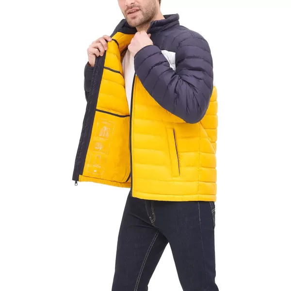 Tommy Hilfiger Mens Packable Down Puffer JacketStandard YellowNavy Color Block