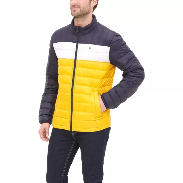 Tommy Hilfiger Mens Packable Down Puffer JacketStandard YellowNavy Color Block