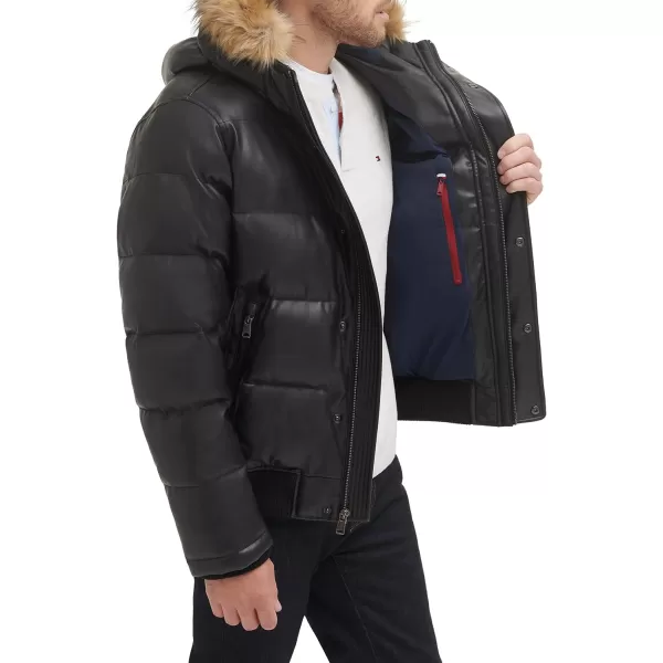 Tommy Hilfiger Mens Quilted Arctic Cloth Snorkel Bomber Jacket with Removable Hood Standard and Big amp TallBlack Faux Leather