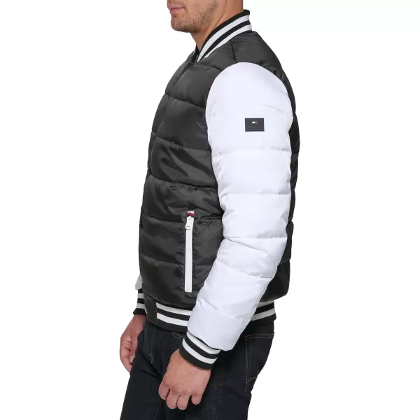 Tommy Hilfiger Mens Quilted Varsity Puffer BomberBlackWhite