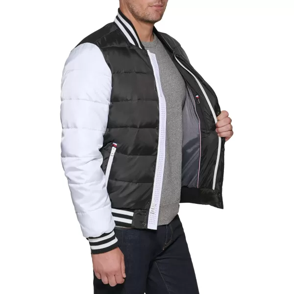 Tommy Hilfiger Mens Quilted Varsity Puffer BomberBlackWhite