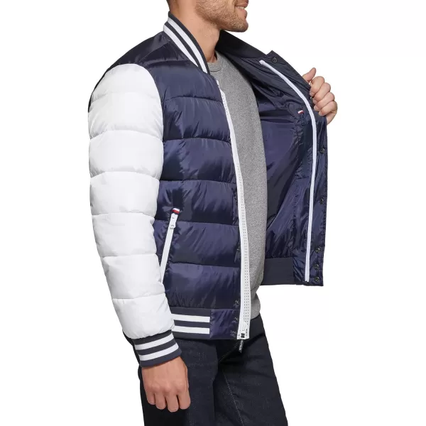 Tommy Hilfiger Mens Quilted Varsity Puffer BomberMidnightWhite