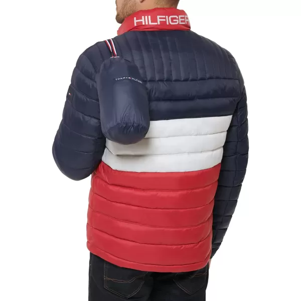 Tommy Hilfiger Mens Ultra Loft Lightweight Packable Puffer Jacket Standard and Big  TallMidnightIceRed Colorblock