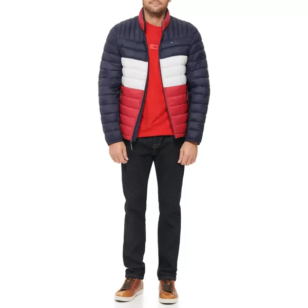 Tommy Hilfiger Mens Ultra Loft Lightweight Packable Puffer Jacket Standard and Big  TallMidnightIceRed Colorblock