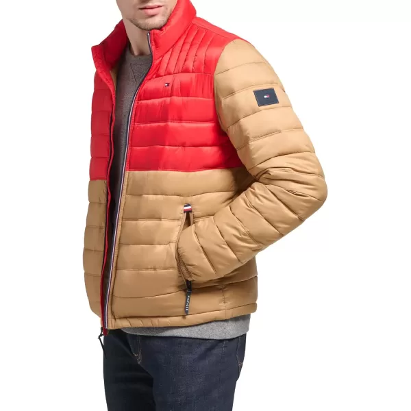 Tommy Hilfiger Mens Ultra Loft Lightweight Packable Puffer Jacket Standard and Big amp TallStandard KhakiRed Combo