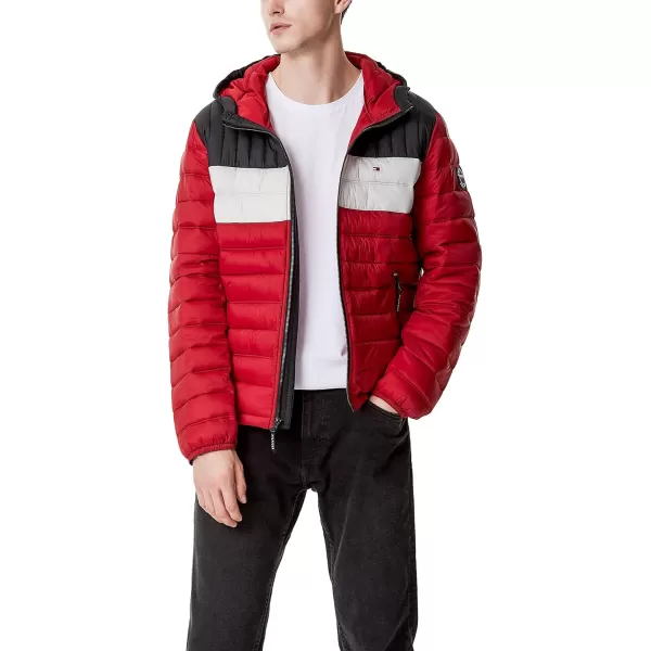 Tommy Hilfiger Mens Water Resistant Ultra Loft Filled Hooded Puffer JacketBlackIceRed Colorblock