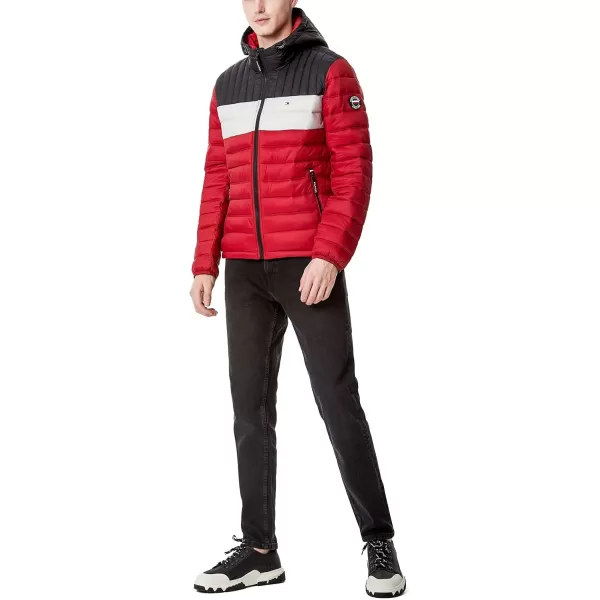 Tommy Hilfiger Mens Water Resistant Ultra Loft Filled Hooded Puffer JacketBlackIceRed Colorblock