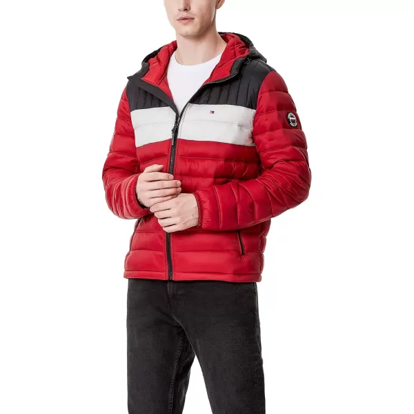 Tommy Hilfiger Mens Water Resistant Ultra Loft Filled Hooded Puffer JacketBlackIceRed Colorblock