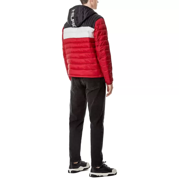 Tommy Hilfiger Mens Water Resistant Ultra Loft Filled Hooded Puffer JacketBlackIceRed Colorblock