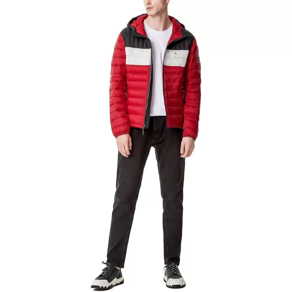 Tommy Hilfiger Mens Water Resistant Ultra Loft Filled Hooded Puffer JacketBlackIceRed Colorblock