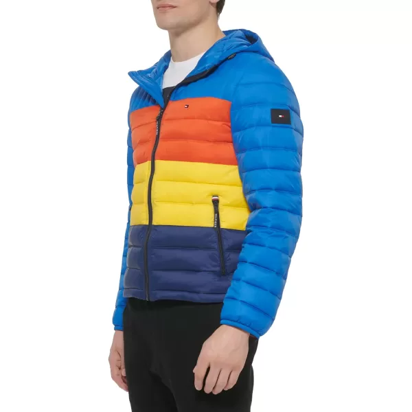 Tommy Hilfiger Mens Water Resistant Ultra Loft Filled Hooded Puffer JacketBlue Multi Colorblock