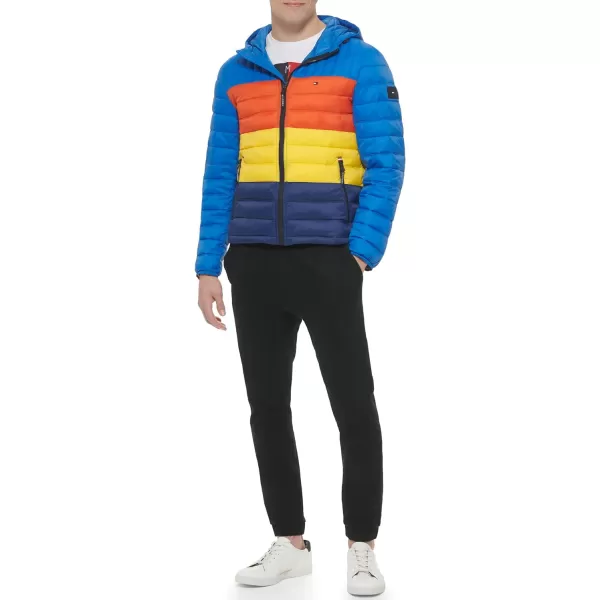 Tommy Hilfiger Mens Water Resistant Ultra Loft Filled Hooded Puffer JacketBlue Multi Colorblock