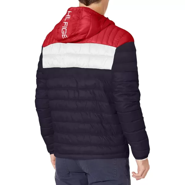 Tommy Hilfiger Mens Water Resistant Ultra Loft Filled Hooded Puffer JacketMidnightIceRed Flag Colorblock