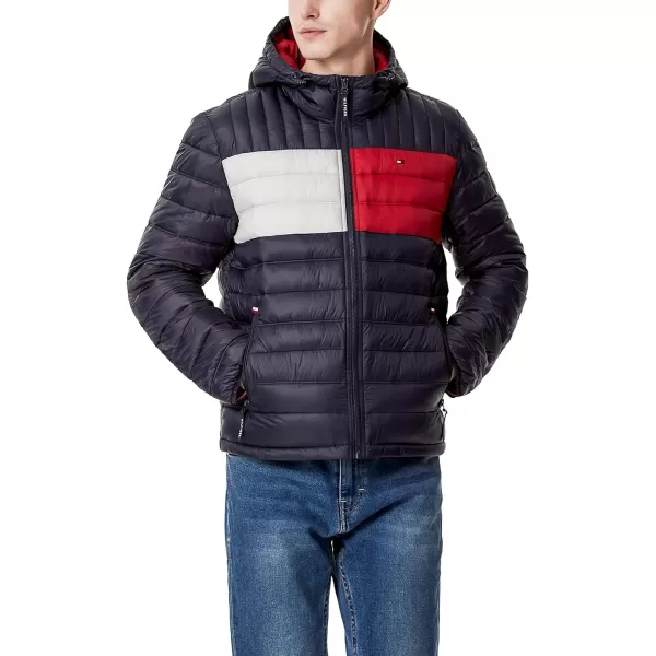 Tommy Hilfiger Mens Water Resistant Ultra Loft Filled Hooded Puffer JacketNavy Flag Colorblock