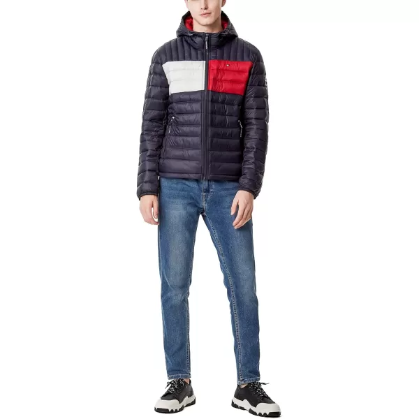 Tommy Hilfiger Mens Water Resistant Ultra Loft Filled Hooded Puffer JacketNavy Flag Colorblock