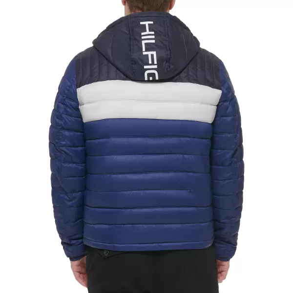 Tommy Hilfiger Mens Water Resistant Ultra Loft Filled Hooded Puffer JacketRoyalIceNavy Colorblock