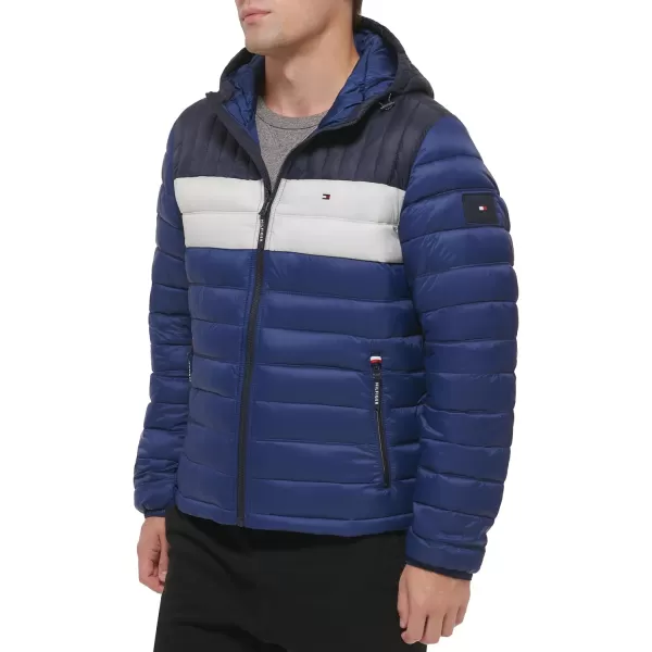 Tommy Hilfiger Mens Water Resistant Ultra Loft Filled Hooded Puffer JacketRoyalIceNavy Colorblock