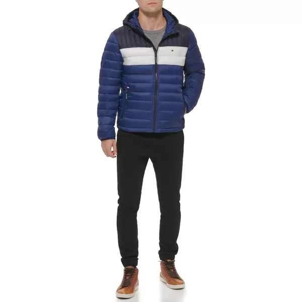 Tommy Hilfiger Mens Water Resistant Ultra Loft Filled Hooded Puffer JacketRoyalIceNavy Colorblock