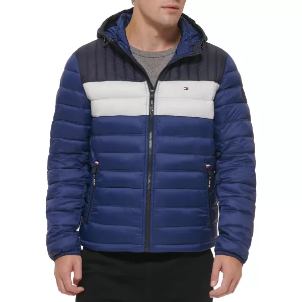 Tommy Hilfiger Mens Water Resistant Ultra Loft Filled Hooded Puffer JacketRoyalIceNavy Colorblock