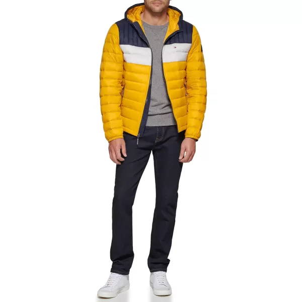 Tommy Hilfiger Mens Water Resistant Ultra Loft Filled Hooded Puffer JacketYellow Tricolor Stripe