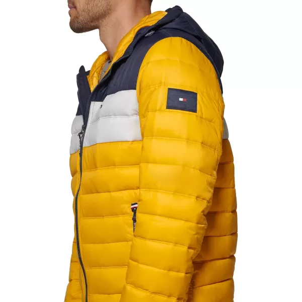 Tommy Hilfiger Mens Water Resistant Ultra Loft Filled Hooded Puffer JacketYellow Tricolor Stripe