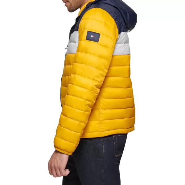 Tommy Hilfiger Mens Water Resistant Ultra Loft Filled Hooded Puffer JacketYellow Tricolor Stripe