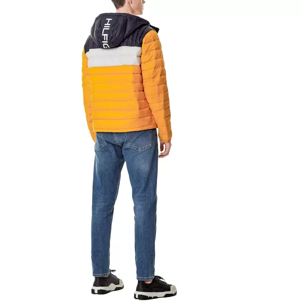 Tommy Hilfiger Mens Water Resistant Ultra Loft Filled Hooded Puffer JacketYellowIceNavy Colorblock