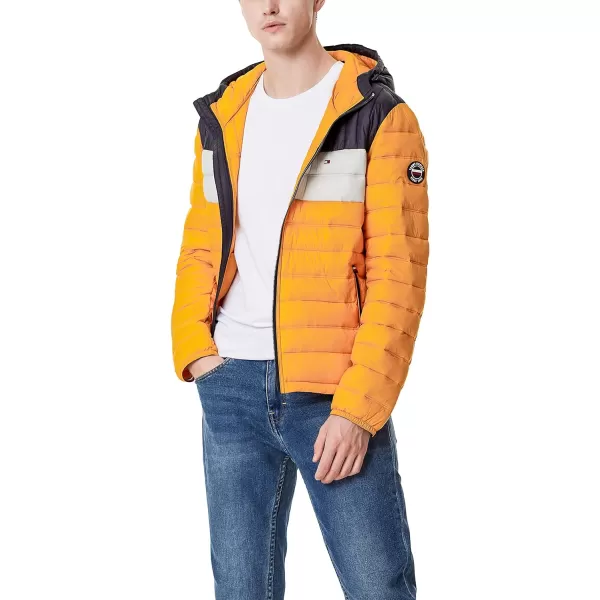 Tommy Hilfiger Mens Water Resistant Ultra Loft Filled Hooded Puffer JacketYellowIceNavy Colorblock