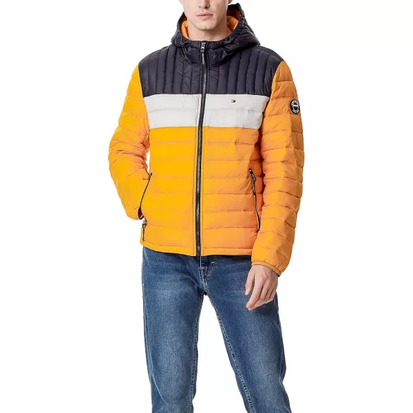 Tommy Hilfiger Mens Water Resistant Ultra Loft Filled Hooded Puffer JacketYellowIceNavy Colorblock