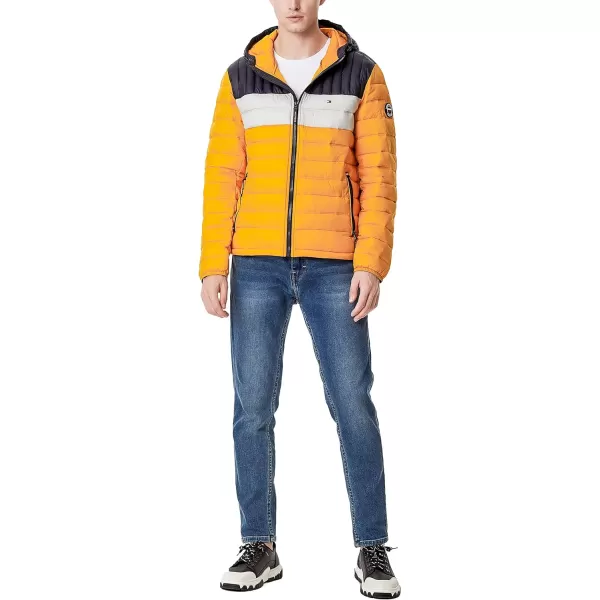 Tommy Hilfiger Mens Water Resistant Ultra Loft Filled Hooded Puffer JacketYellowIceNavy Colorblock