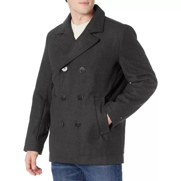 Tommy Hilfiger Mens Wool Melton Classic Double Breasted PeacoatCharcoal W Scarf