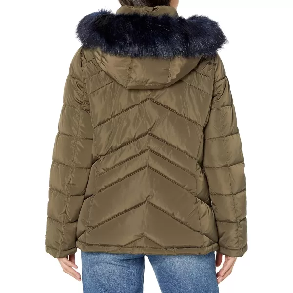 Tommy Hilfiger Women Contrast Zipper Fur Hood Short Puffer JacketJuniper