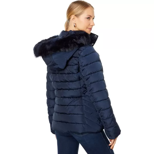 Tommy Hilfiger Womens Fur Hood Zip Up Short Puffer JacketNavy