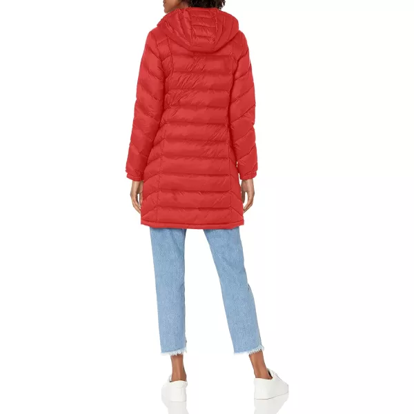 Tommy Hilfiger Womens MidLength Puffer Hooded Down Jacket with Drawstring Packing BagCrimson