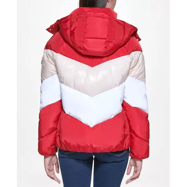 Tommy Hilfiger Womens Multi Color Chevron Striped Hooded Short Puffer JacketCrimsonPink