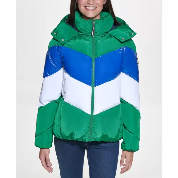 Tommy Hilfiger Womens Multi Color Chevron Striped Hooded Short Puffer JacketPine Combo