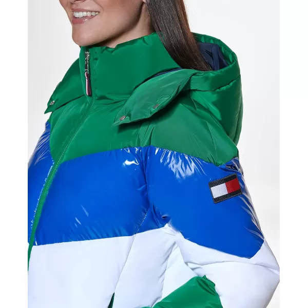 Tommy Hilfiger Womens Multi Color Chevron Striped Hooded Short Puffer JacketPine Combo