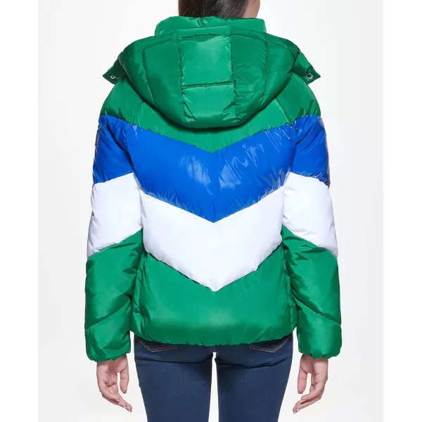 Tommy Hilfiger Womens Multi Color Chevron Striped Hooded Short Puffer JacketPine Combo
