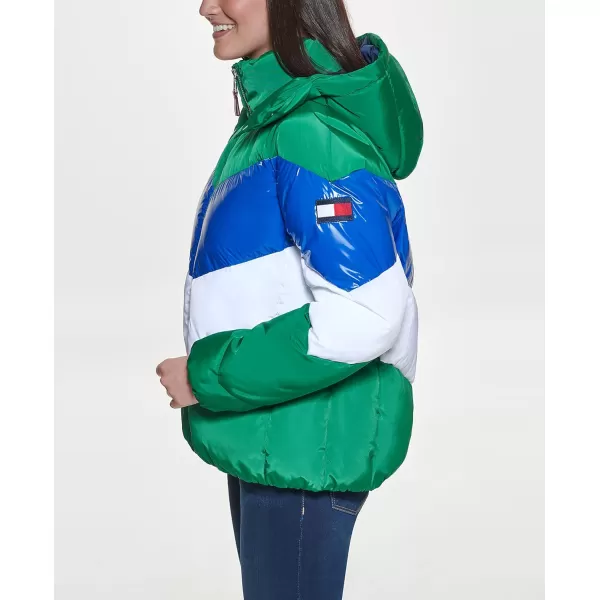 Tommy Hilfiger Womens Multi Color Chevron Striped Hooded Short Puffer JacketPine Combo