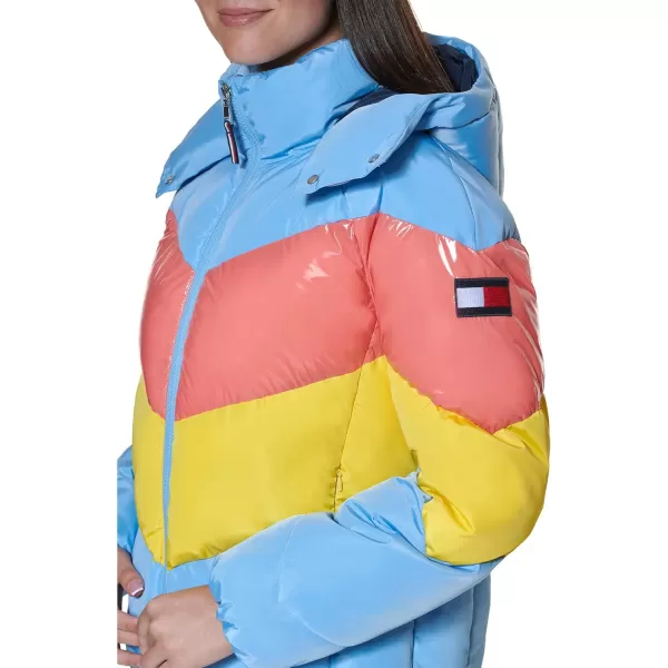 Tommy Hilfiger Womens Multi Color Chevron Striped Hooded Short Puffer JacketPlacid Blue