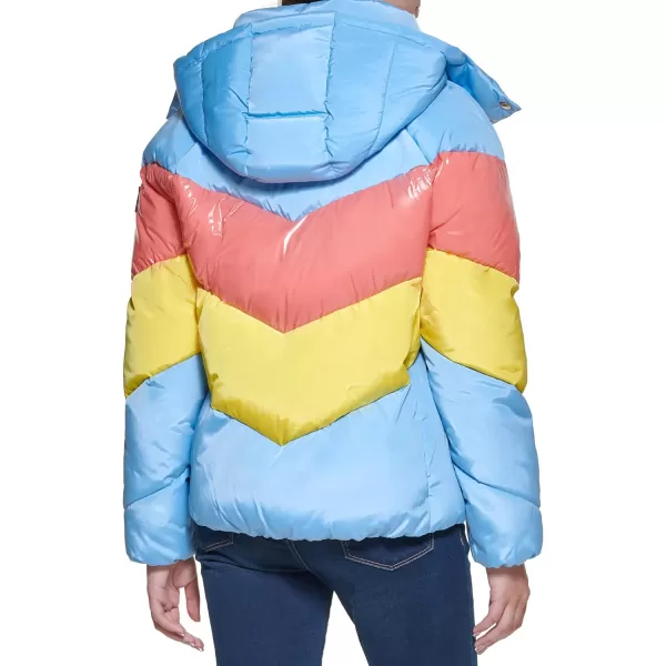 Tommy Hilfiger Womens Multi Color Chevron Striped Hooded Short Puffer JacketPlacid Blue