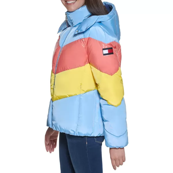 Tommy Hilfiger Womens Multi Color Chevron Striped Hooded Short Puffer JacketPlacid Blue